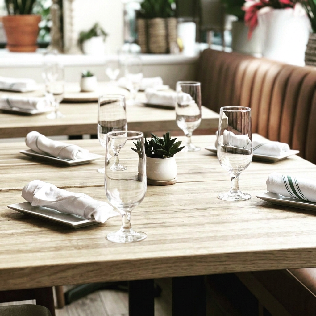A set table at Greer Southern Table, linen napkins and glassware in the dining room
